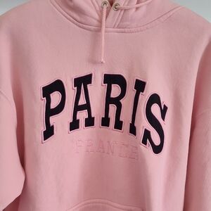 Paris France Pink Hoodie Medium 20" PTP Embroidery On Front Comfy Vintage